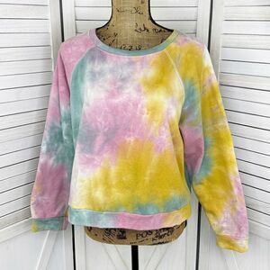Paper Crane Tie Dye Cropped Sweatshirt Pink Yellow Teal Large